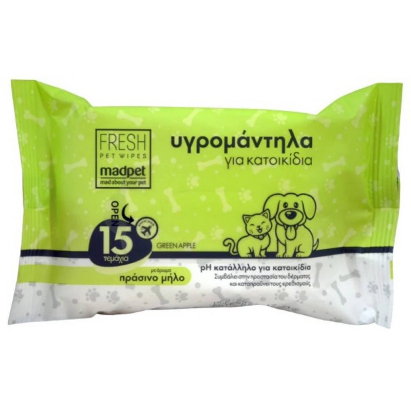 Μαντηλάκια Καθαρισμού Madpet 15τμχ με Άρωμα Πράσινο Μήλο